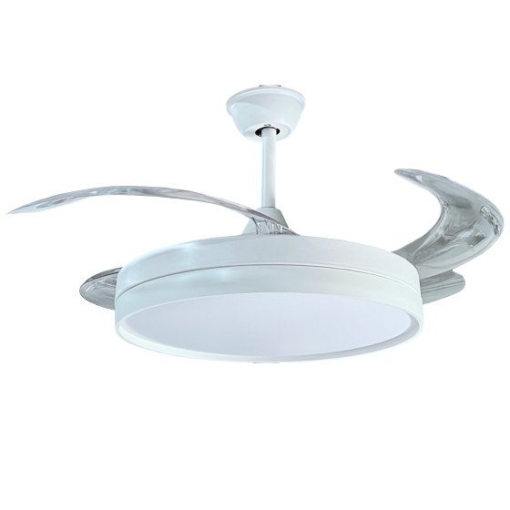 VENTILADOR DE TECHO BLANCO ASPAS RETRACTILES LUZ CCT DIMABLE MOTOR DC SILENCIOSO CONTROL REMOTO