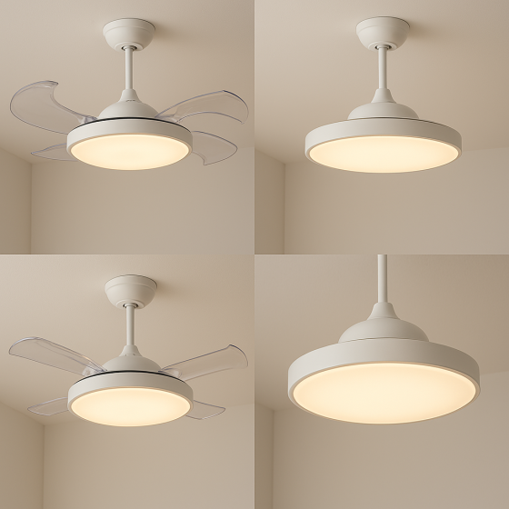 VENTILADOR DE TECHO BLANCO ASPAS RETRACTILES LUZ CCT DIMABLE MOTOR DC SILENCIOSO CONTROL REMOTO